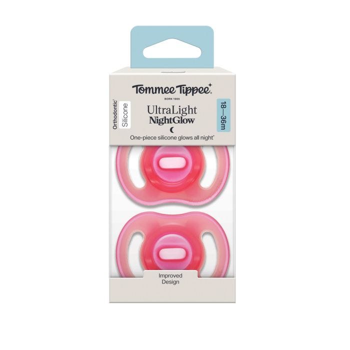 Ultra-light Night Glow soothers in a packaging box on a white background.