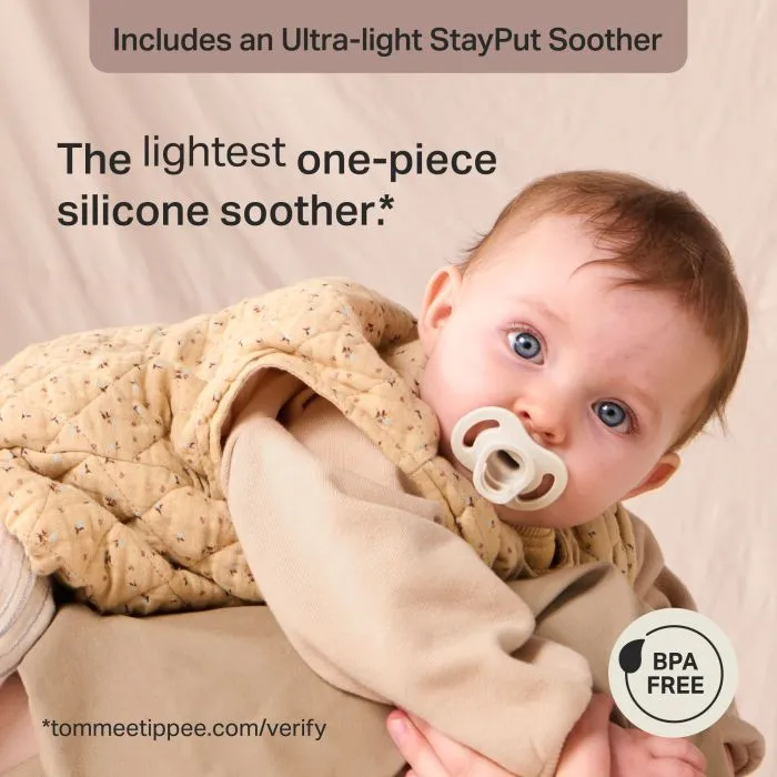 Baby with an Ultra-light StayPut soother and text about the lightweight design.