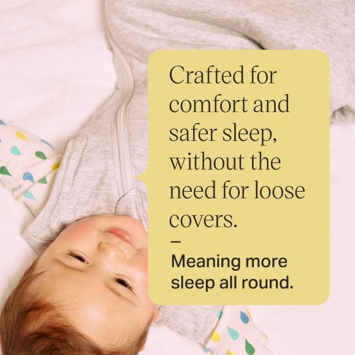 A baby lies comfortably in a grey sleep bag. Text beside reads, "Crafted for comfort and safer sleep, without the need for loose covers."