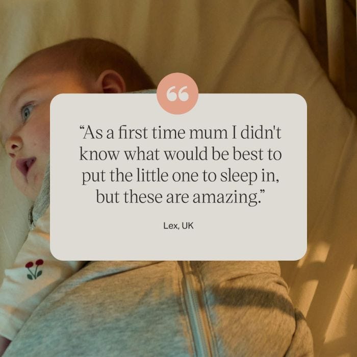 A baby lies in a crib, wearing cosy clothing. A quote overlay reads, "As a first time mum...these are amazing," attributed to Lex, UK. 