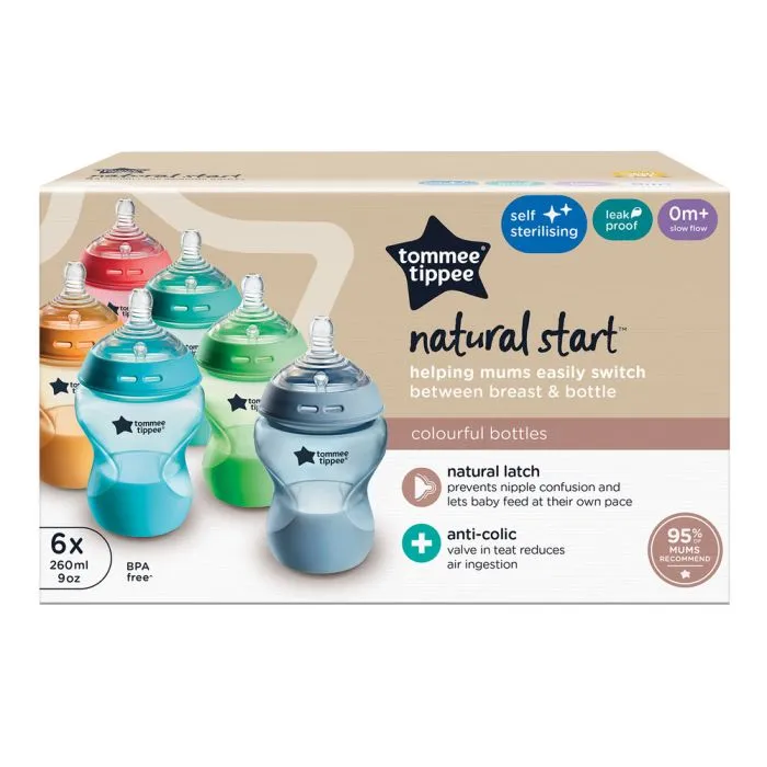 Natural Start baby bottles in their packaging box on a white background