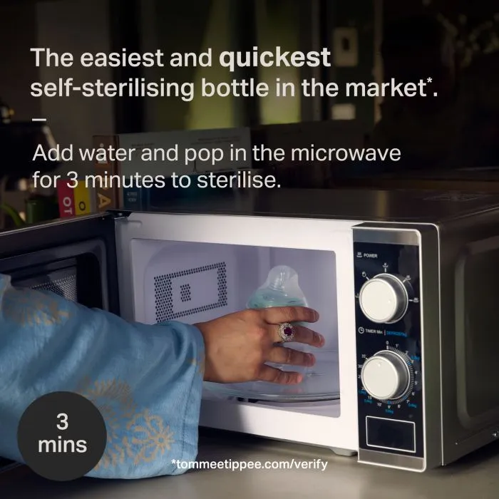 Image of a woman putting a Natural Start bottle into a microwave about how they can be sterilised in 3 minutes