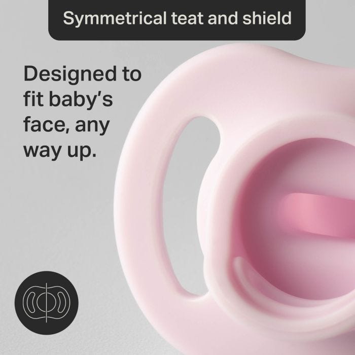 Close-up of an Ultra-light soother shield with text about the comfortable design.