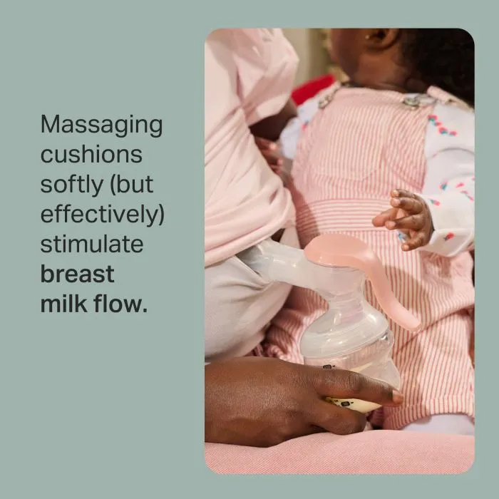 Parent with baby manually expressing and text about the massaging cushions.