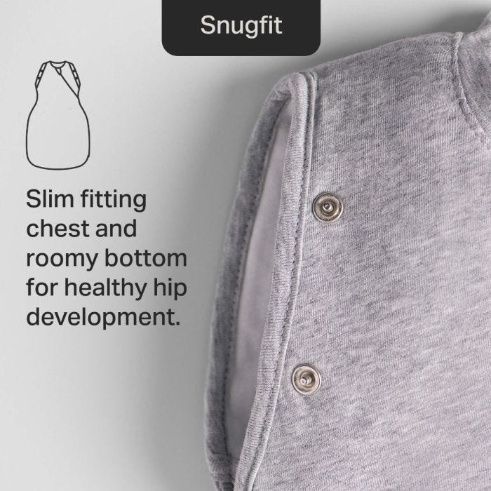 Close-up of Swaddle Bag arm fastenings with text about the fit. 