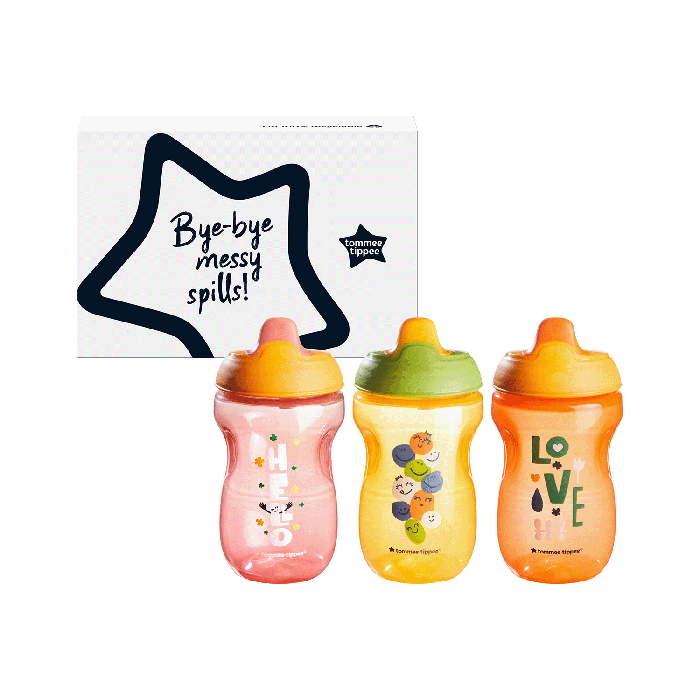 Three sippee cups and their packaging box against a white background