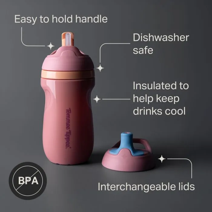 Insulated Sporty Spout and Straw Cup against a grey background with pointers to the product features and a BPA free icon