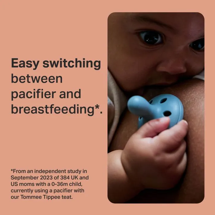 Baby leaning on mom&apos;s breast holding a paci with primary feature text.