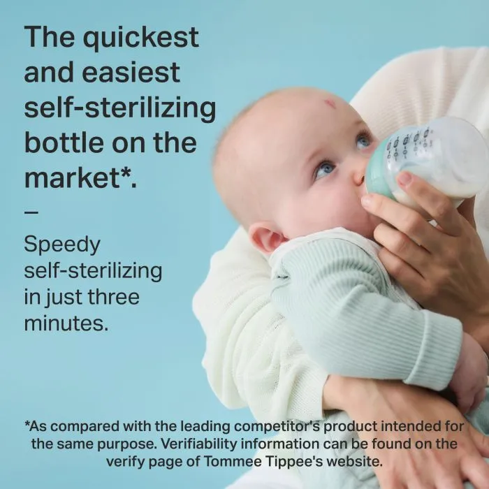 Arial shot of a parent feeding baby with an Advanced Anti-colic bottle with text about self-sterilization.