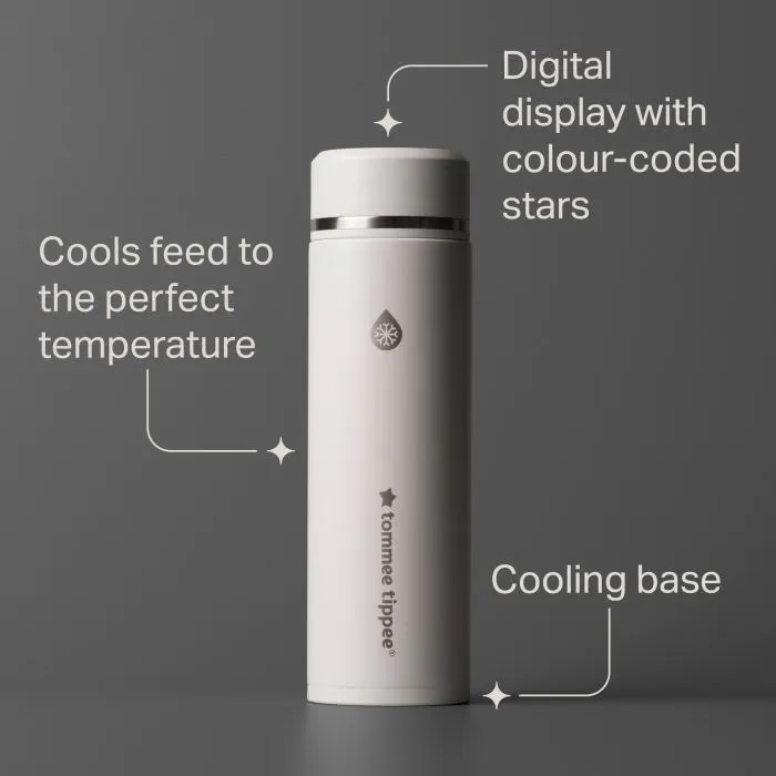PrepGo cooling flask against a grey background with pointers to product features
