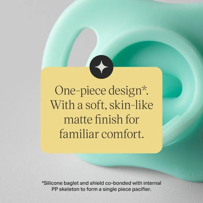 Close-up of an Ultra-light pacifier shield behind text about the one-piece design.