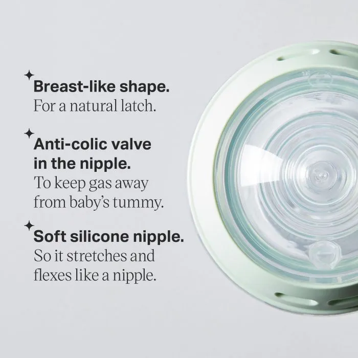 Aerial shot of a glass bottle screw ring and nipple with key features listed.