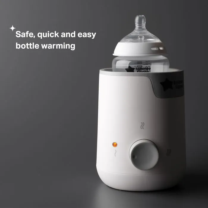Baby bottle placed inside an Easiwarm bottle warmer against a grey background with product USP tagline