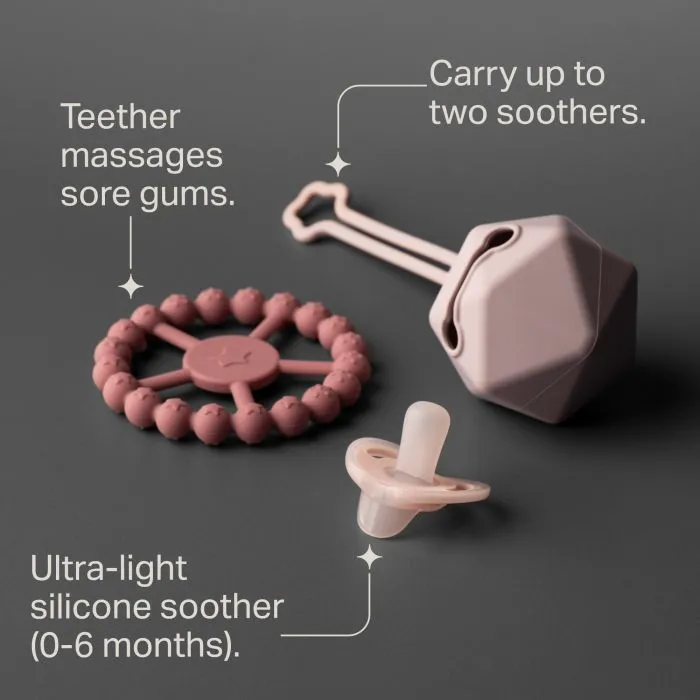 Silicone comfort gift set on a charcoal background with key feature pointers.