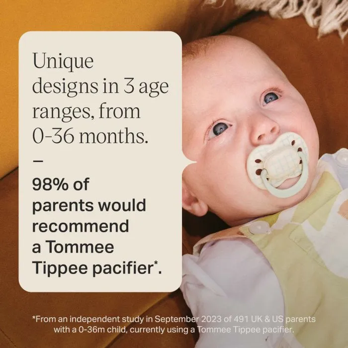 Baby with an Ultimate Fit paci and a parent recommendation statistic overlay.