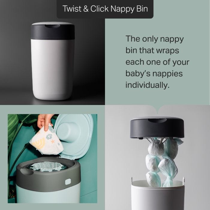 Grid style asset with 3 images of Twist & Click bin and product feature text    