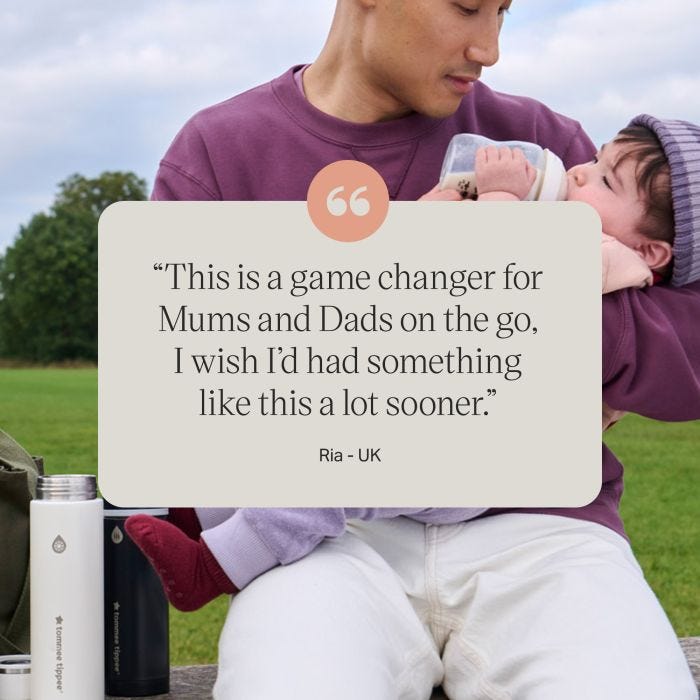 Image of a parent feeding a toddler in a park with text overlay of product review