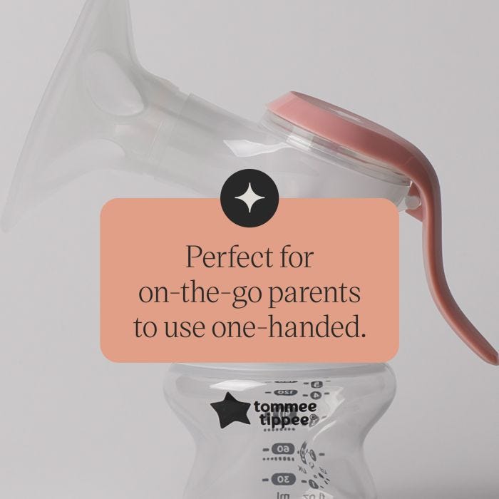 Close-up of our manual breast pump and ergonomic handle with feature text.