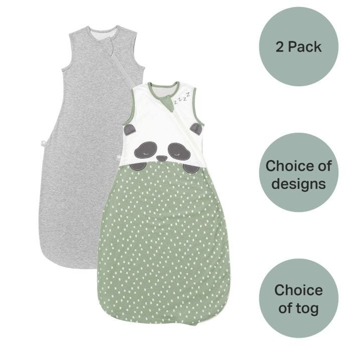 Two baby sleeping bags in pastel colours: grey and green, neatly arranged on a soft surface.