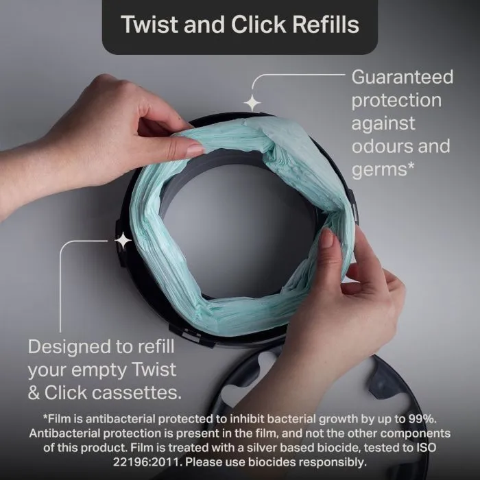 Product feature pointers showing the refills against a grey background