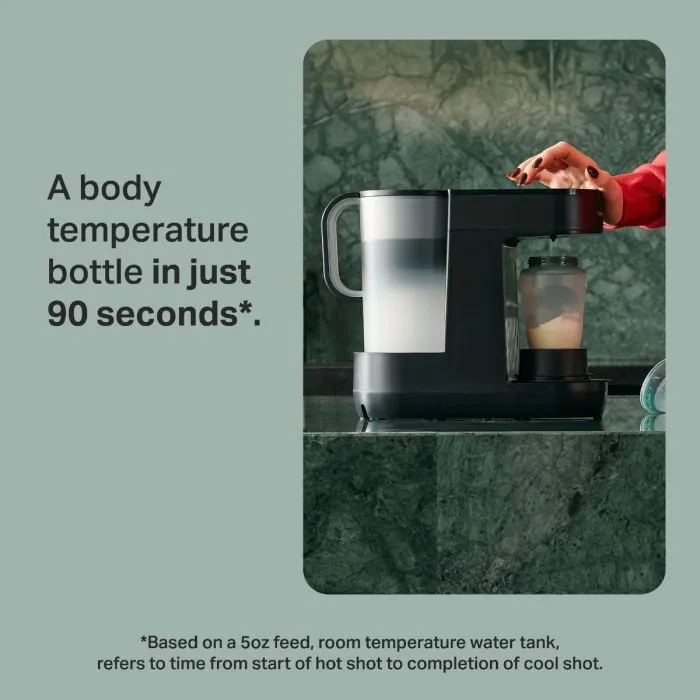 Image of Perfect Prep machine and Natural Start bottle on a kitchen counter with parent in the background using the Tommee Tippee app on their phone with text overlay of USP