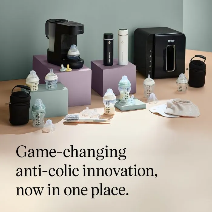 Ultimate Anti-Colic Bottle Feeding Bundle components arranged on coloured plinths with product USP tagline  