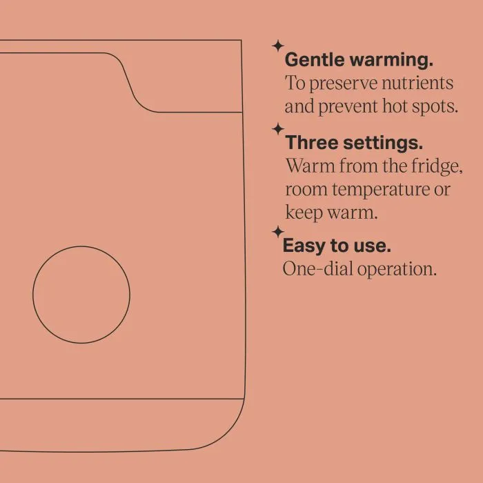 Easiwarm bottle warmer keyline drawing with product feature bullets
