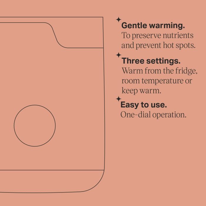 Easiwarm bottle warmer keyline drawing with product feature bullets