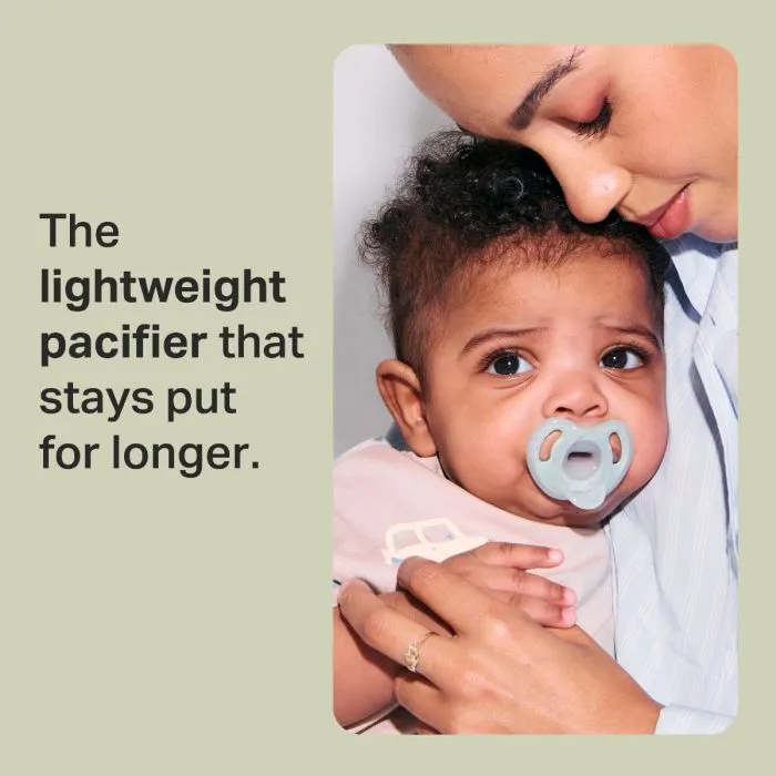 Parent and baby with a paci with text about being lightweight to stay put for longer.