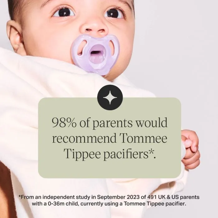 Parent holding baby's arm with text about the paci being designed for them and styled for you.