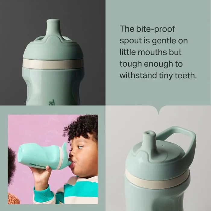 Grid of a toddler drinking from an insulated sporty spout cup and two close up shots of insulated sporty spout cups with product feature text