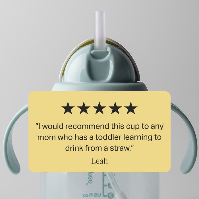 green starter straw cups against a grey background with text overlay of a customer review