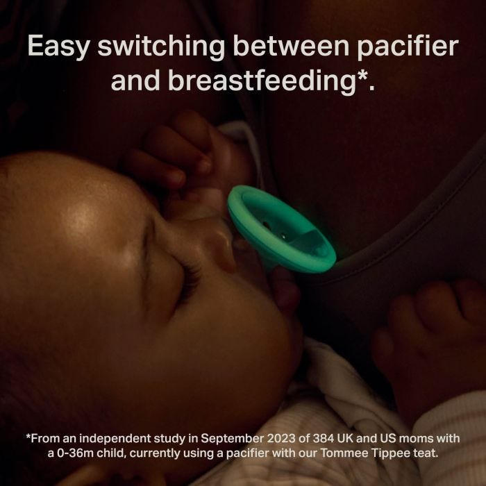 Close-up of baby with glowing pacifier and text about switching to breast and back again.