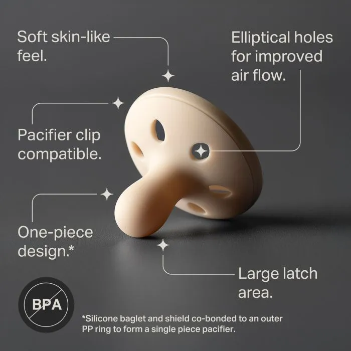 Front-facing breast-like pacifier with key feature pointers.