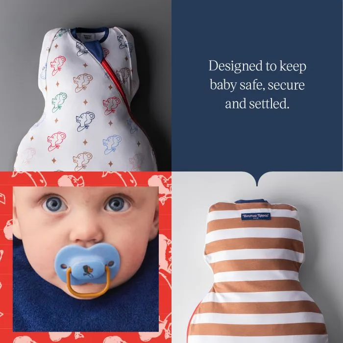 Grid image showing the Swaddle Bag front and back and baby using an Anytime Soother.