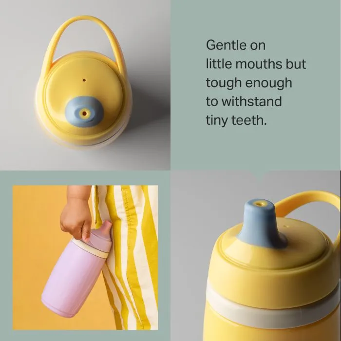 Grid of a toddler holding an insulated active spout cup and two close up shots of insulated active spout cups with product feature text