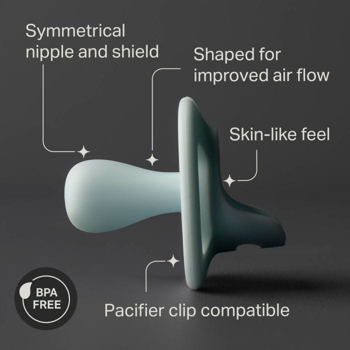 Side shot of an Ultra-light pacifier with key feature pointers.