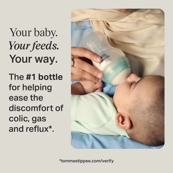 Image of a parent feeding a baby using an Advanced Anti-colic bottle with text overlay of product USP