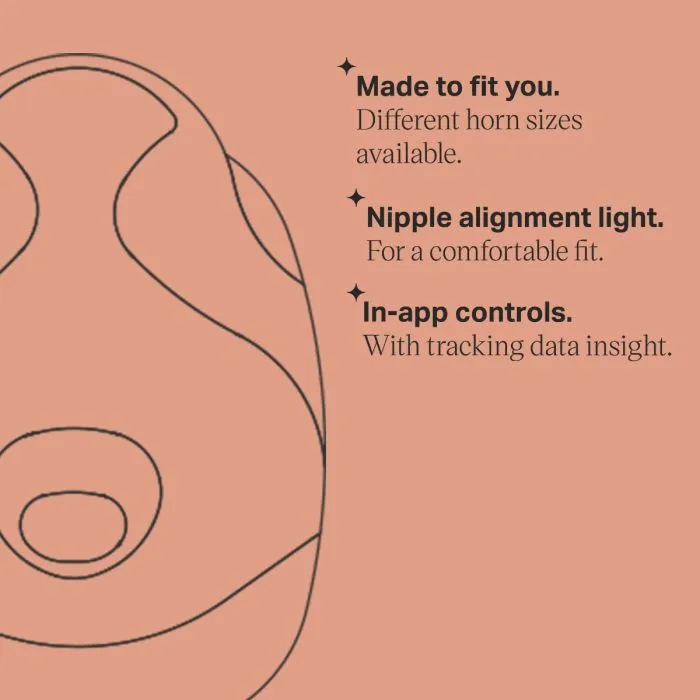 Line drawing of the wearable breast pump with key feature bullet points