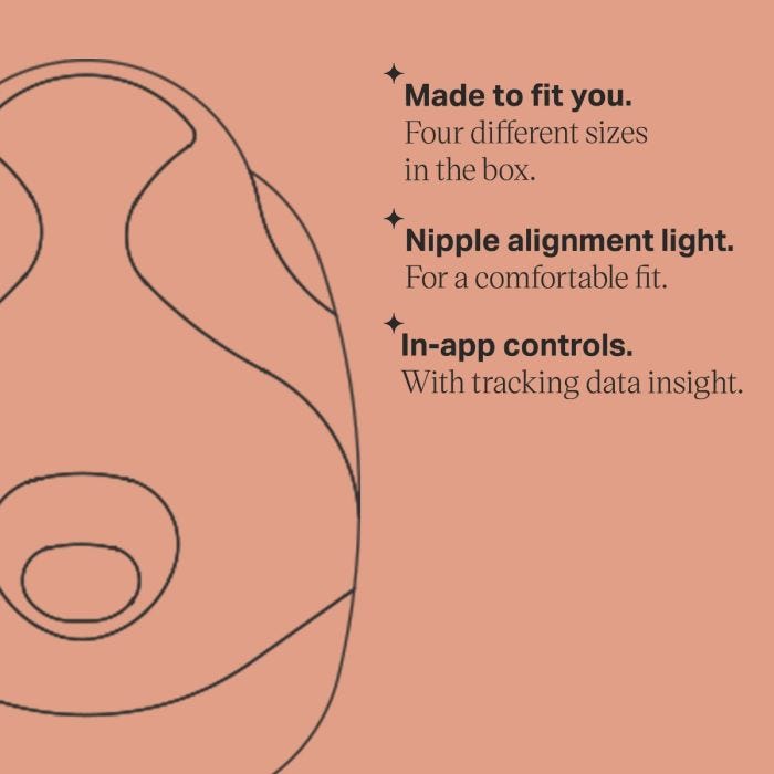 Line drawing of the wearable breast pump with key feature bullet points