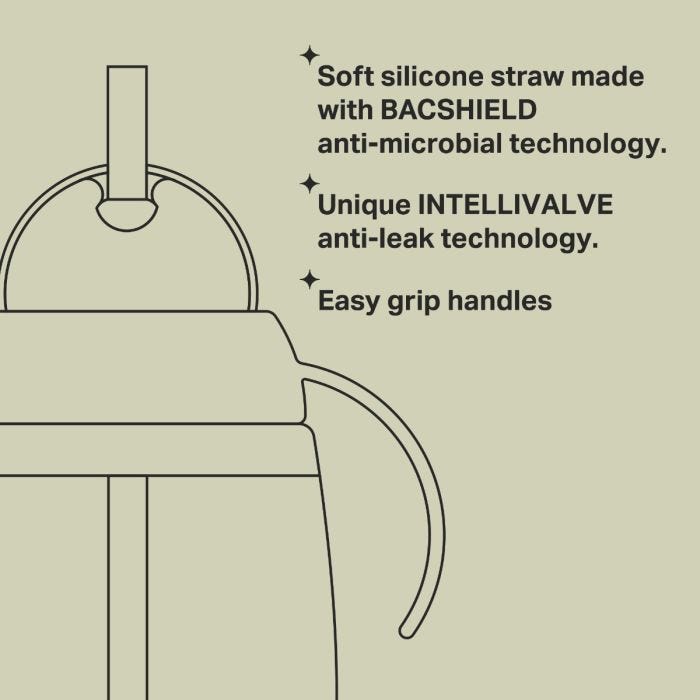 Weighted straw cup key line drawing with feature bullets