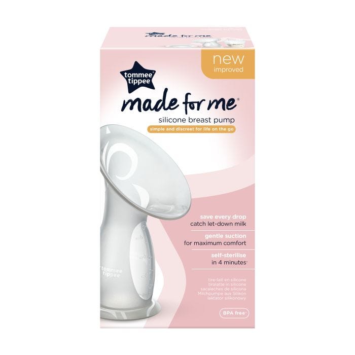 Silicone breast pump and its packaging box against a white background