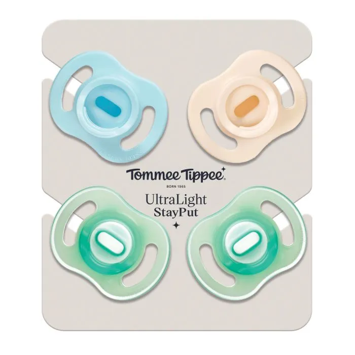 Ultra-light StayPut soothers in packaging on a white background.