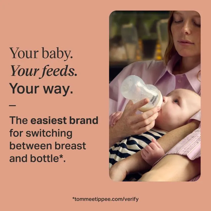 Image of a woman feeding a baby using a Natural Start bottle with text overlay of product USP