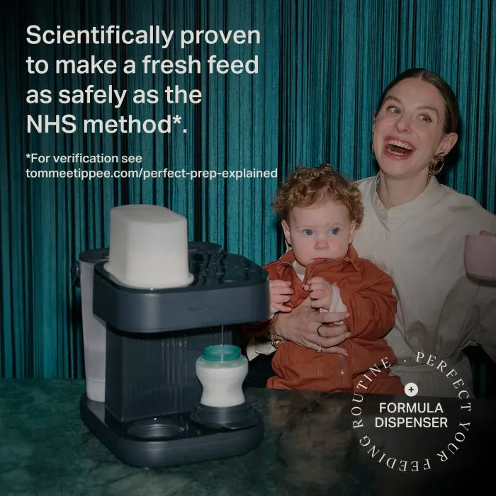 Image of a woman sat with a toddler with a Perfect Prep Pro sitting on a kitchen worktop next to them with text overlay of product messaging