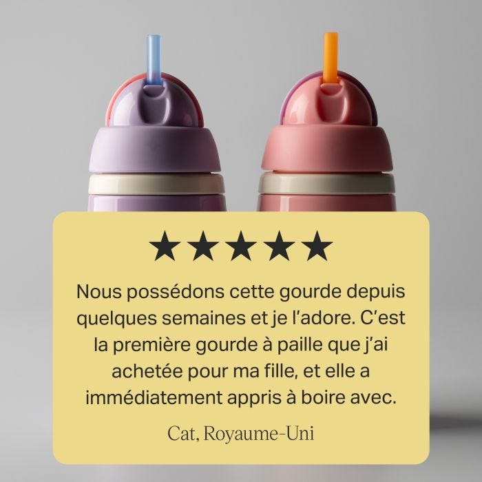 Gobelets à paille actifs isolés roses et violets sur fond gris avec texte en surimpression de l&apos;avis du client