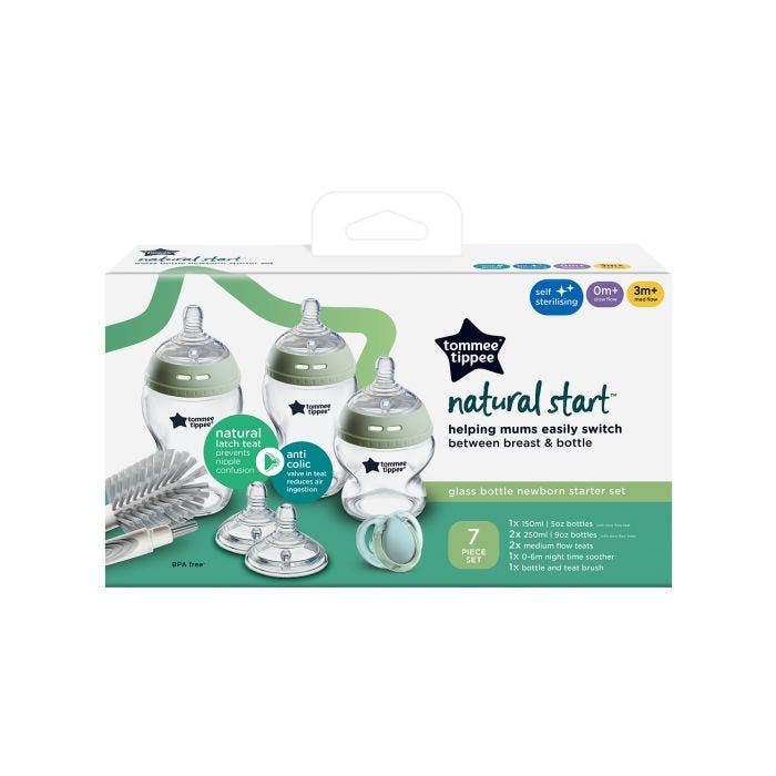 Natural Start Glass Newborn Starter Set in its packaging box against a white background