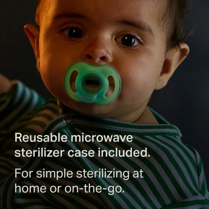 Baby with a glowing pacifier and text about the reusable sterilizer pod.