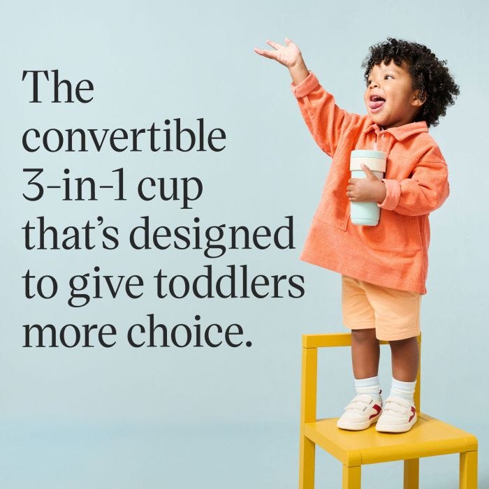 Toddler standing on a chair with a 3-in-1  convertible cup in their hand with product USP tagline alongside
