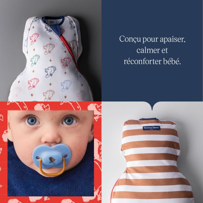 Grille d&apos;image montrant le sac d&apos;emmaillotage à l&apos;avant et à l&apos;arrière et le bébé utilisant une sucette Anytime.